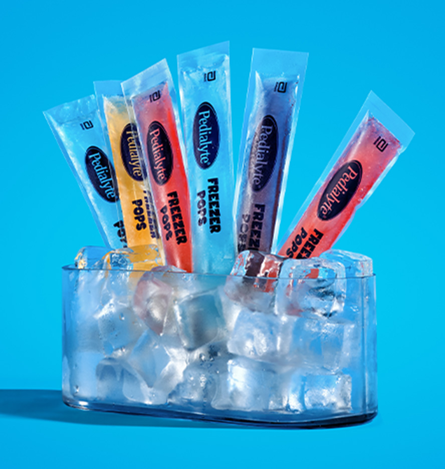 Pink, orange, blue, and purple Pedialyte Freezer Pops to quickly replace fluids and electrolytes.