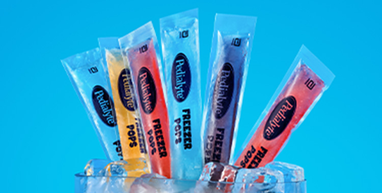 Pink, orange, blue, and purple Pedialyte Freezer Pops to quickly replace fluids and electrolytes.