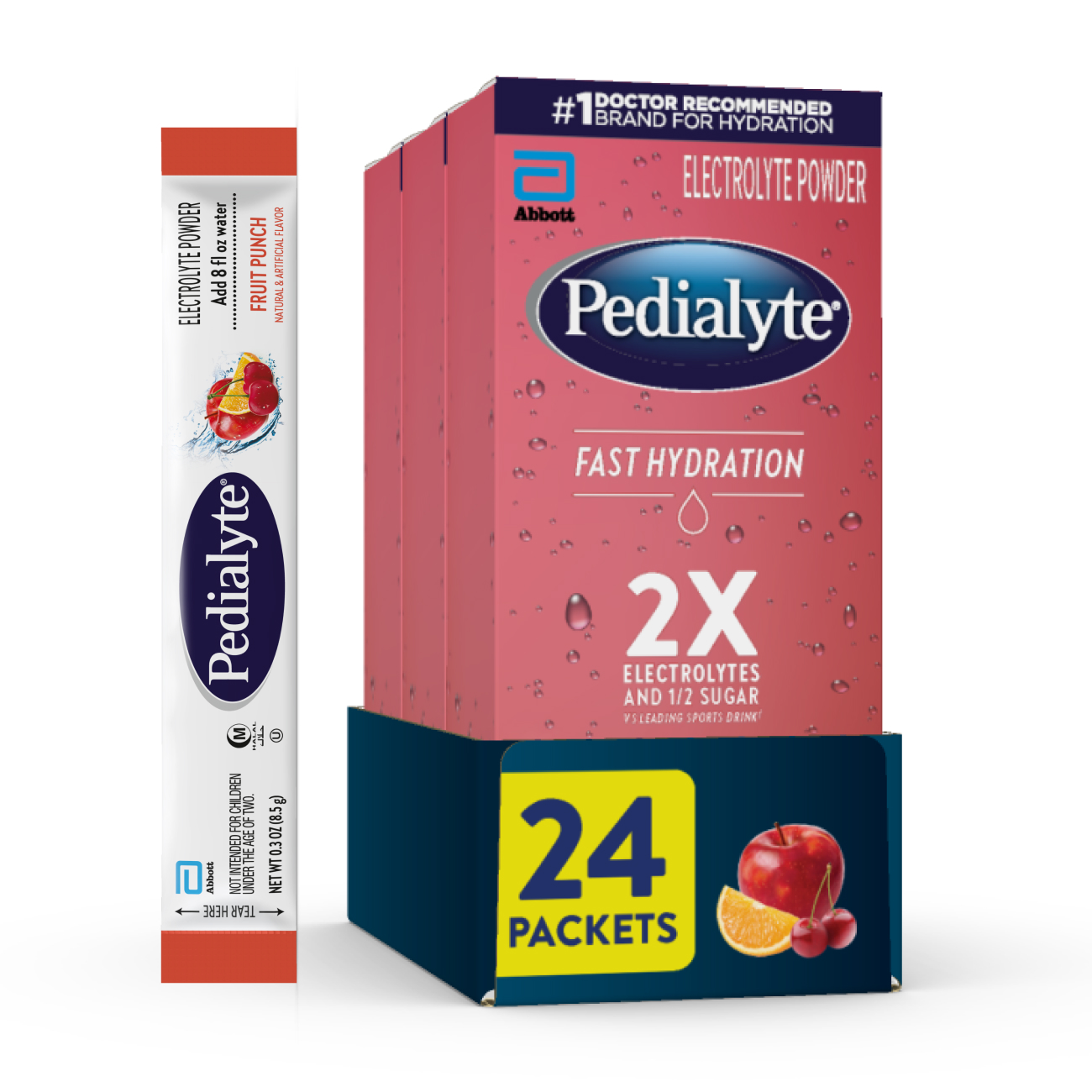 Three red Pedialyte® Fast Hydration electrolyte powder packs in Fruit Punch; 24 packets total.