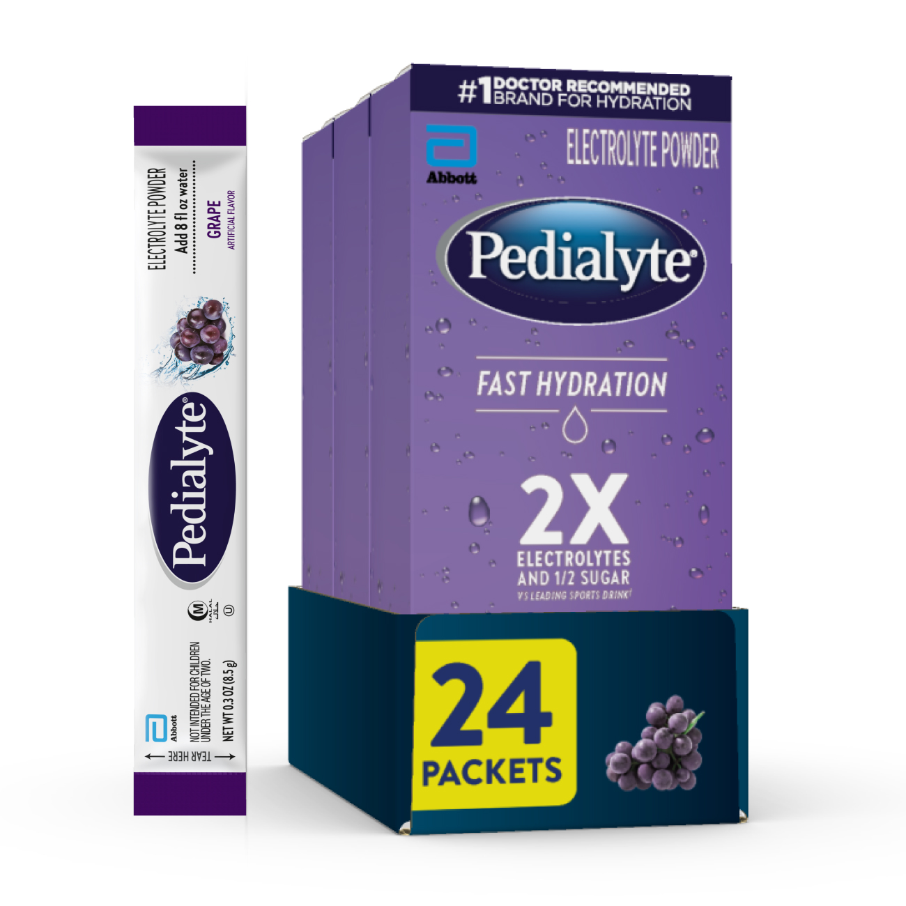 Three purple Pedialyte® Fast Hydration electrolyte powder packs in Grape; 24 packets total.