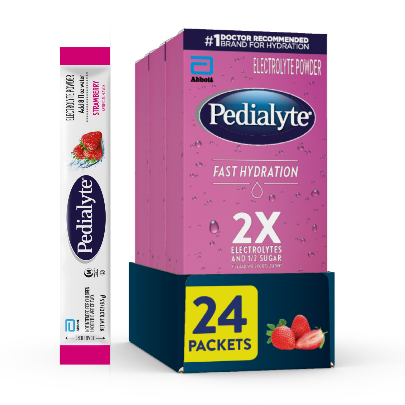 Three pink Pedialyte® Fast Hydration electrolyte powder packs in Strawberry; 24 packets total.