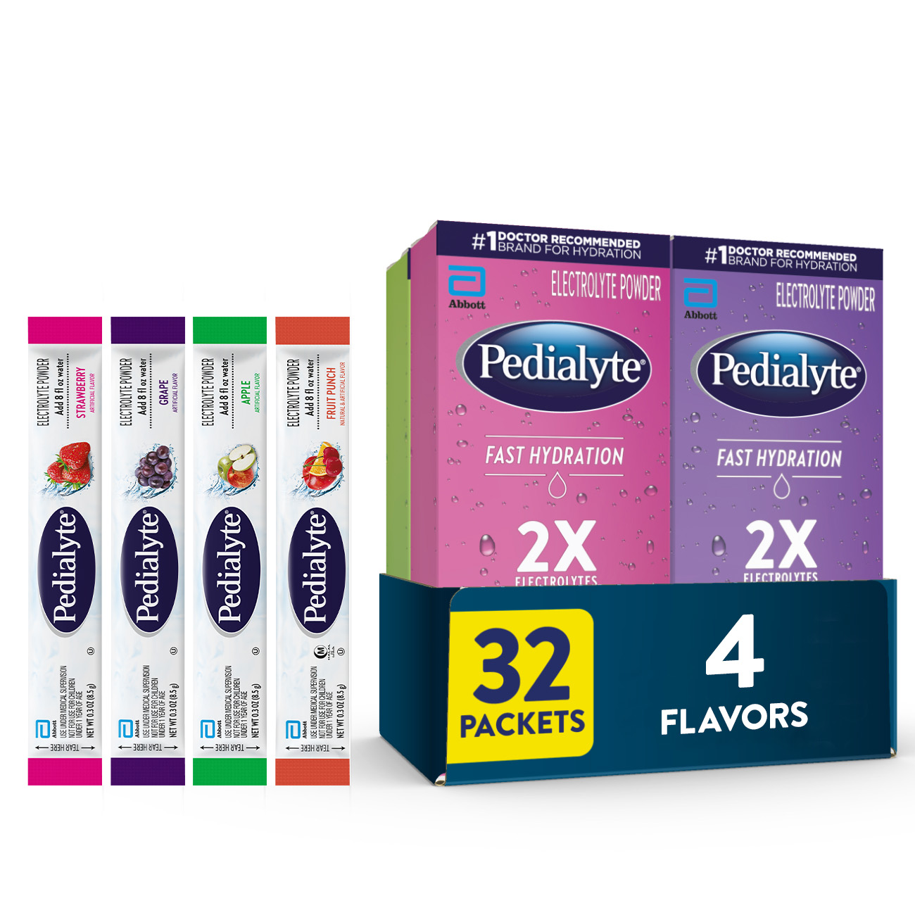 Pedialyte® Fast Hydration electrolyte powder variety pack with Strawberry, Grape, Apple, and Fruit Punch; 32 packets total.