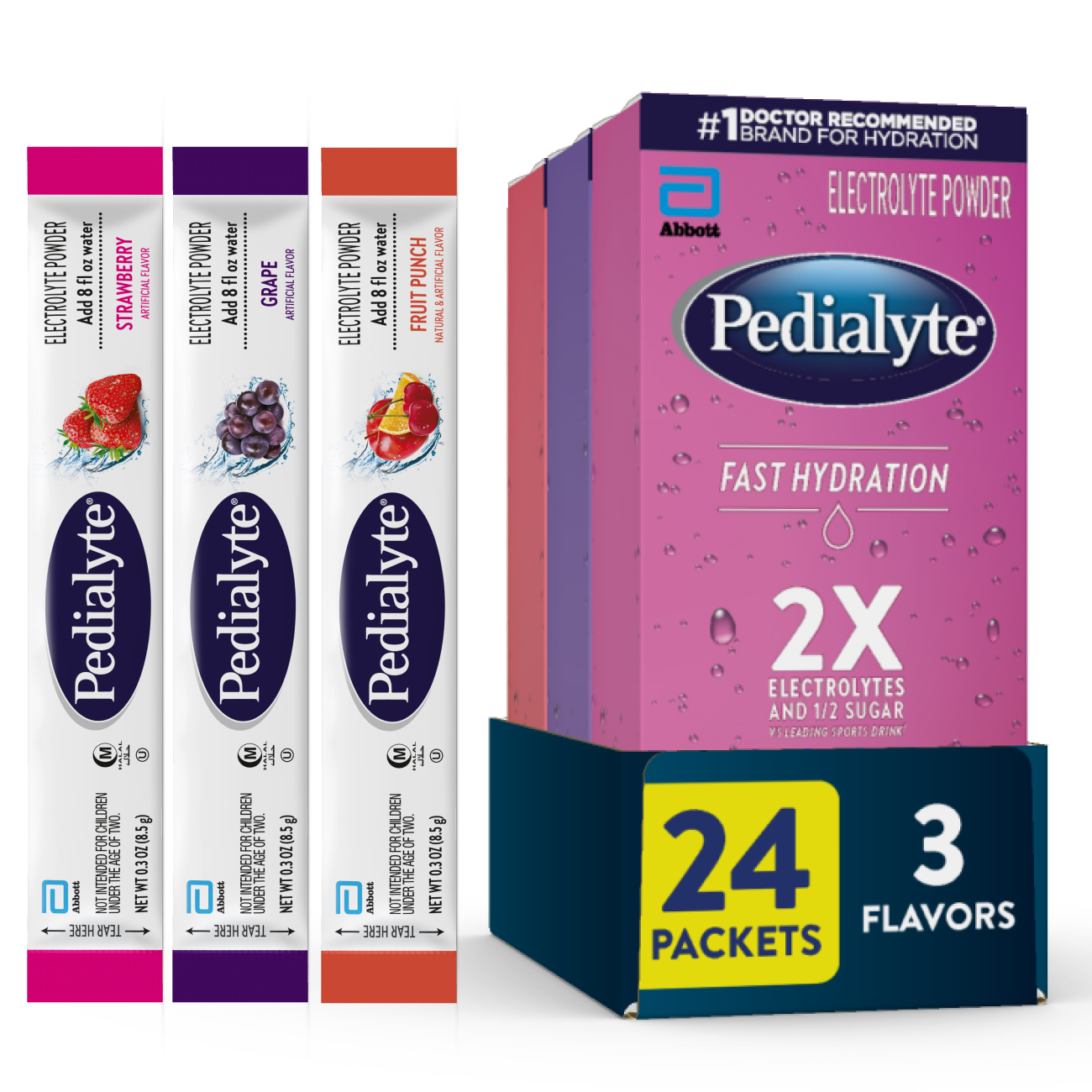 Pedialyte® Fast Hydration electrolyte powder variety pack with Strawberry, Grape, and Fruit Punch; 24 packets total.