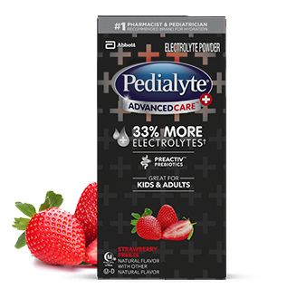 Pedialyte advanced care plus powder pack, strawberry freeze, electrolyte powder.