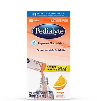 Pedialyte powder pack, orange, 6ct, 17g, electrolyte powder.