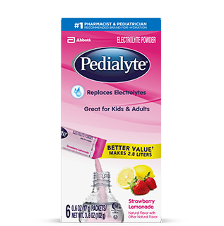 Pedialyte powder pack, strawberry lemonade, 6ct, 17g, electrolyte powder.