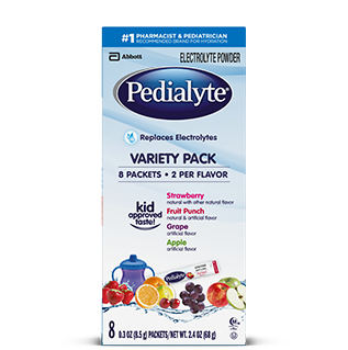 Pedialyte powder packs variety pack, including fruit punch, grape, apple, and strawberry flavors, 8ct, 8.5g, electrolyte powder.