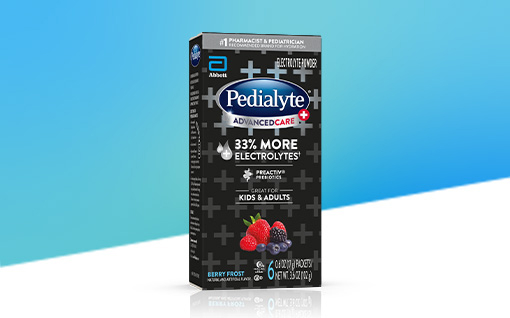 Pedialyte advanced care plus powder pack, berry frost, electrolyte powder.